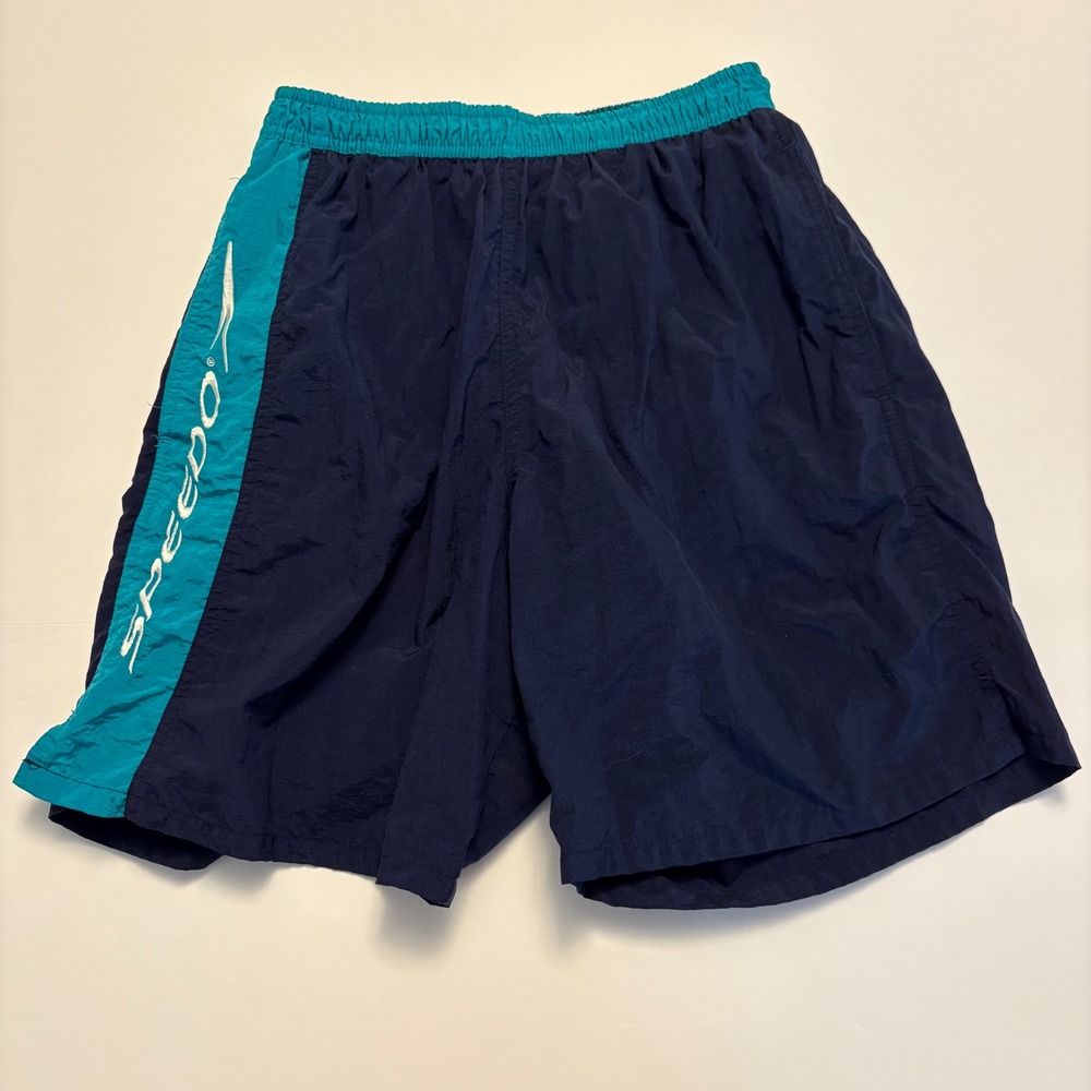 VTG Speedo Swim Trunks Mens Small Navy Teal Colorblock Mesh Lined Athletic Short